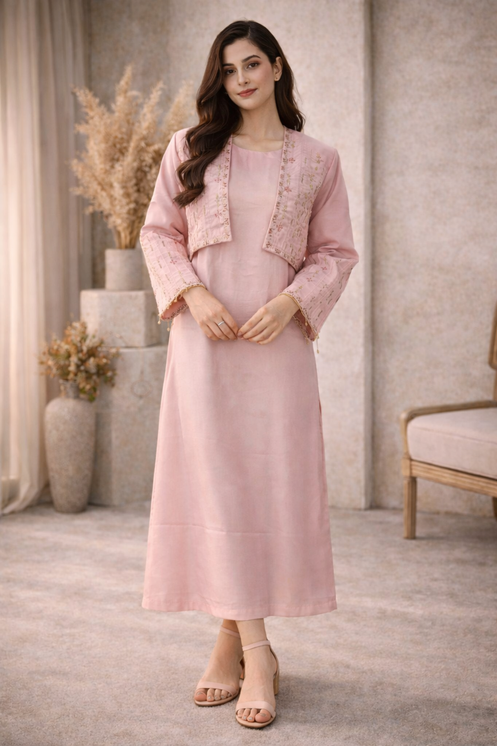 Elegant Blush Pink Embroidered Koti Maxi - All Season Wear M012 A