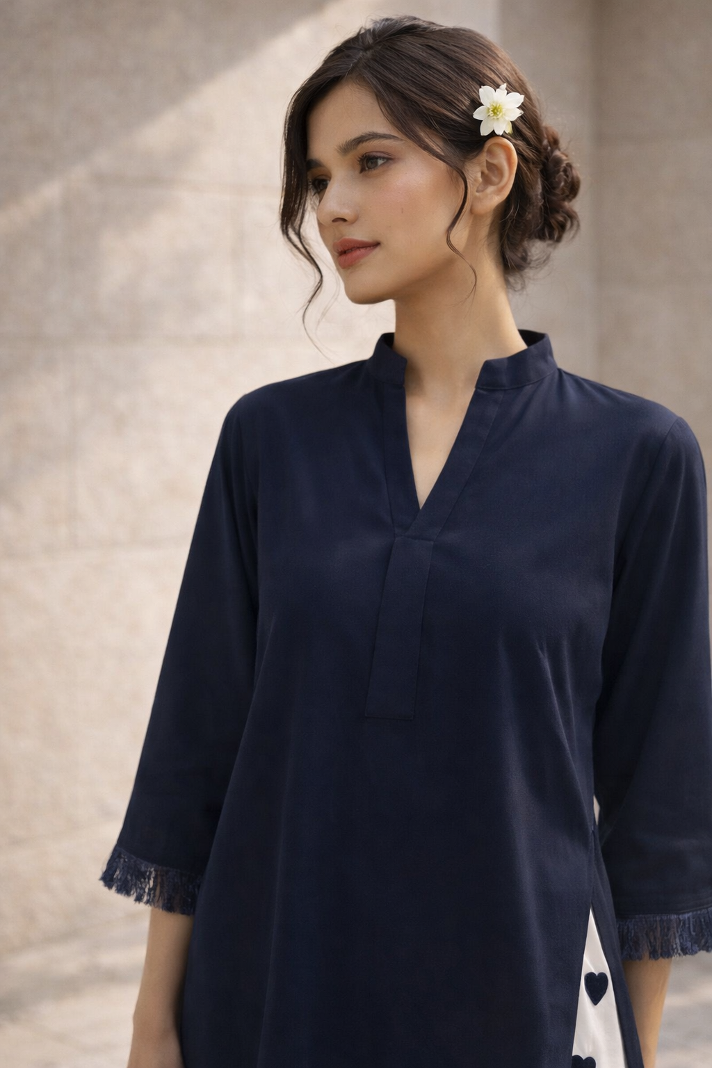 Dyed Navy Fabric Shirt with Embroidered Heart Bottom 2Pcs Suit M 012 A