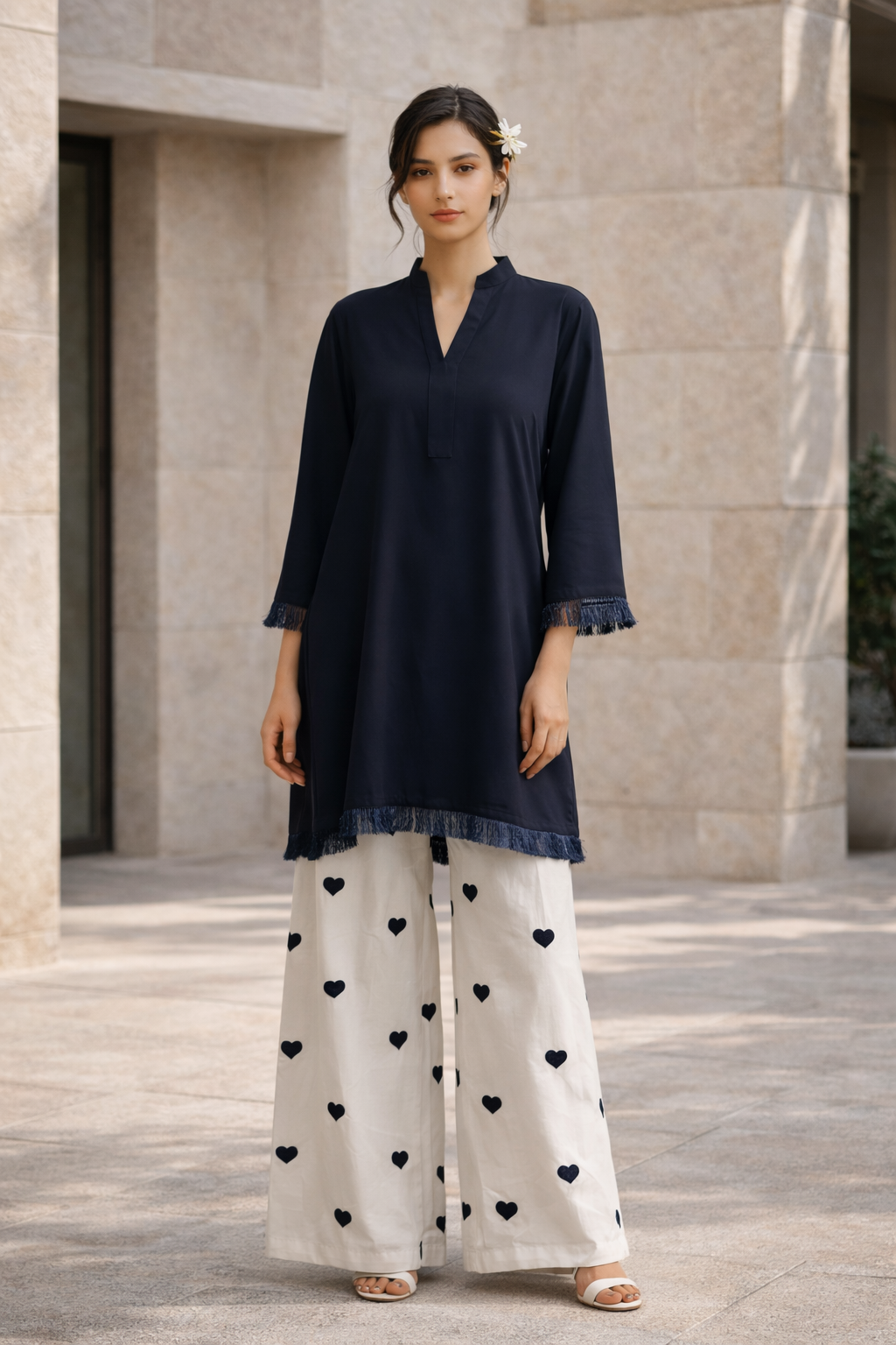 Dyed Navy Fabric Shirt with Embroidered Heart Bottom 2Pcs Suit M 012 A