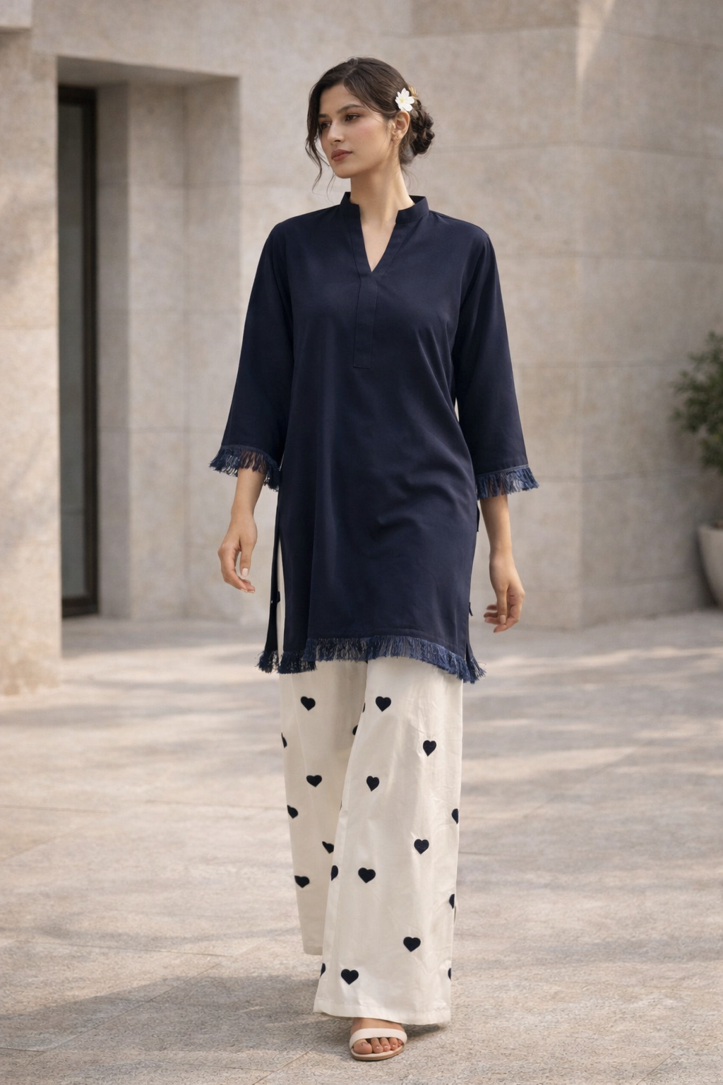 Dyed Navy Fabric Shirt with Embroidered Heart Bottom 2Pcs Suit M 012 A