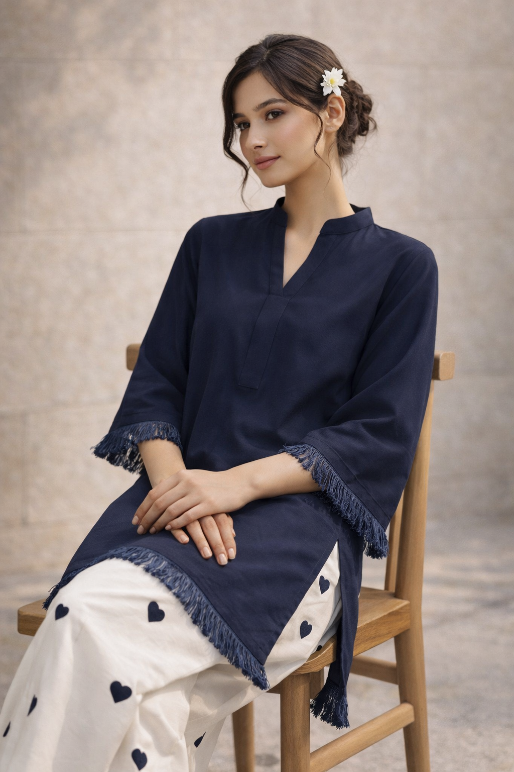 Dyed Navy Fabric Shirt with Embroidered Heart Bottom 2Pcs Suit M 012 A
