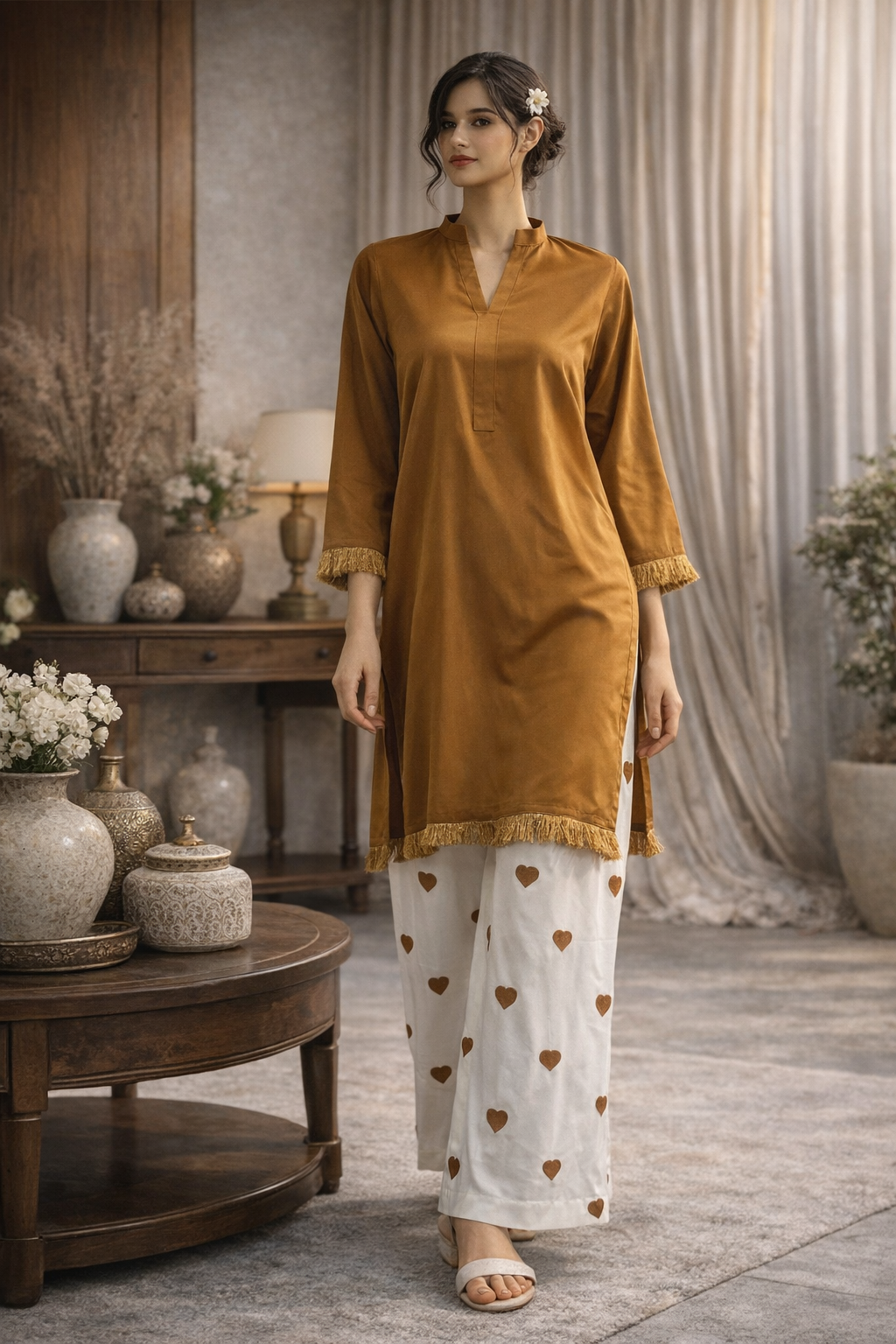 Dyed Fabric Shirt with Embroidered Heart Bottom 2Pcs Suit M 012 B