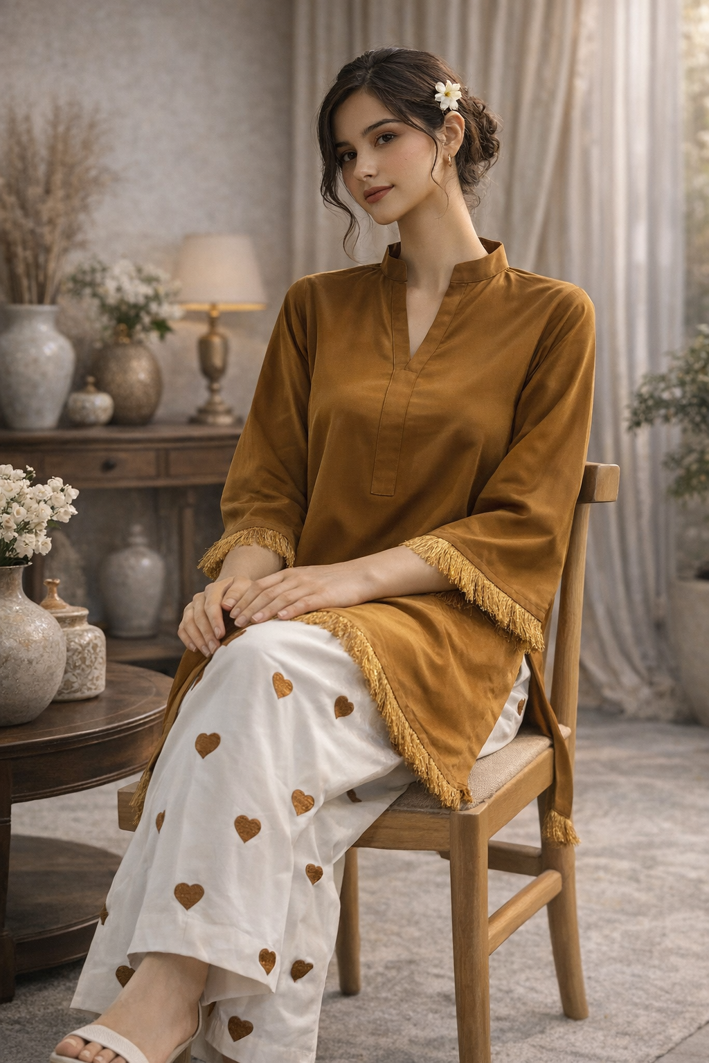 Dyed Fabric Shirt with Embroidered Heart Bottom 2Pcs Suit M 012 B