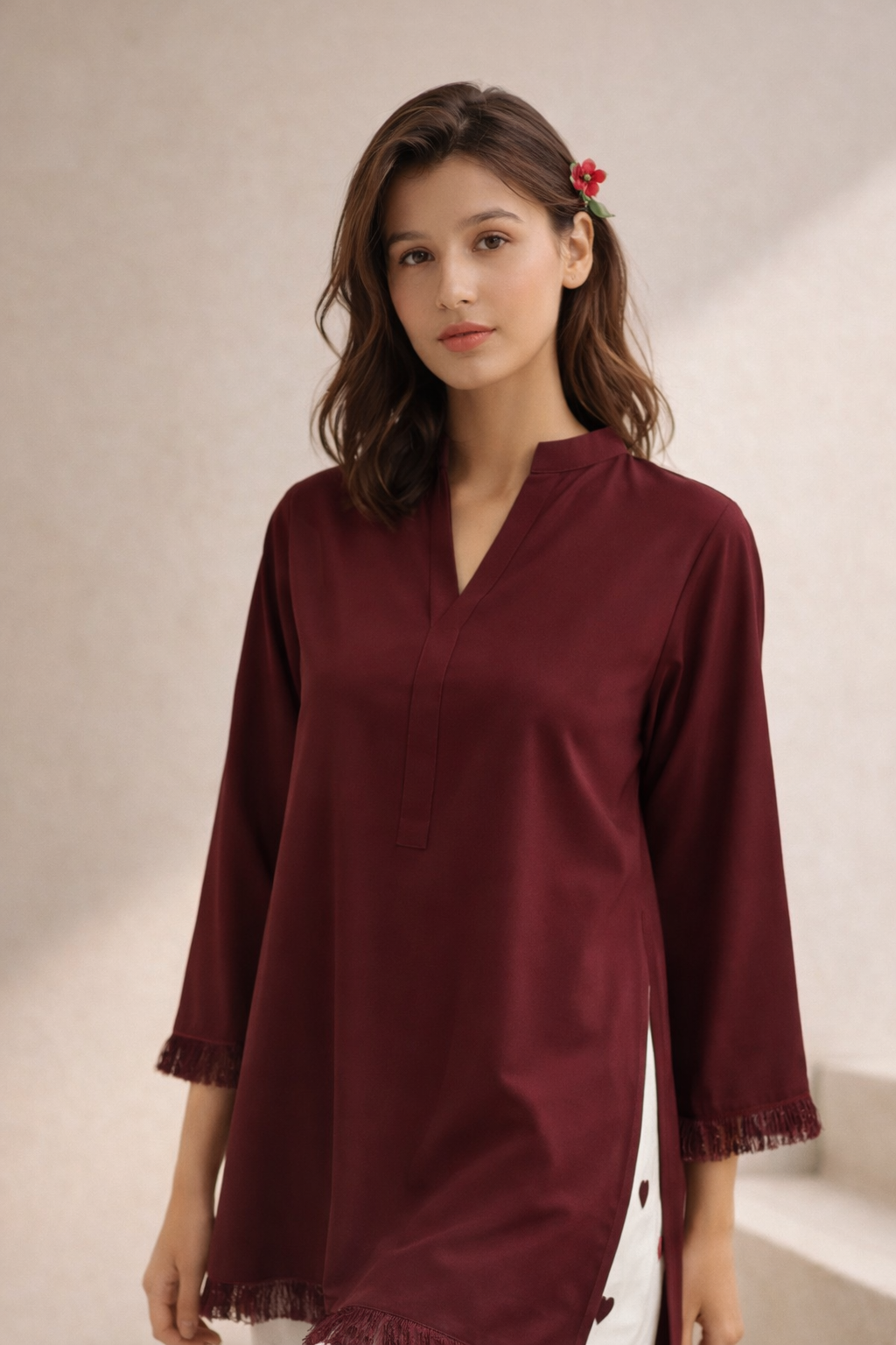 Marron Shirt with Embroidered Heart Bottom 2Pcs Suit M 012 C