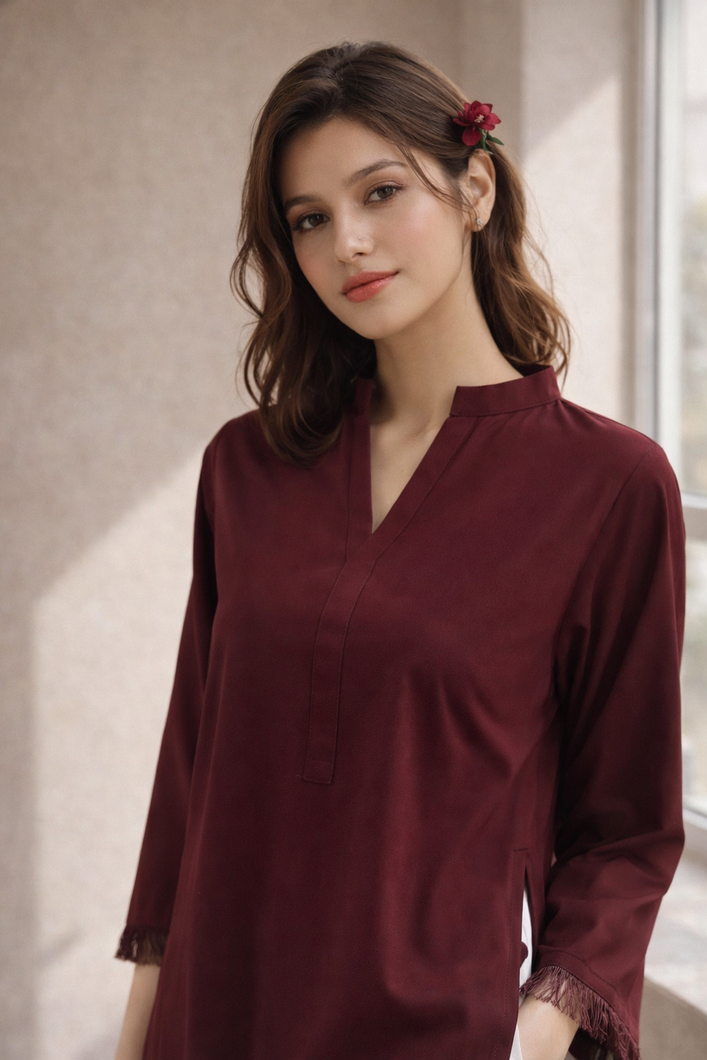 Marron Shirt with Embroidered Heart Bottom 2Pcs Suit M 012 C