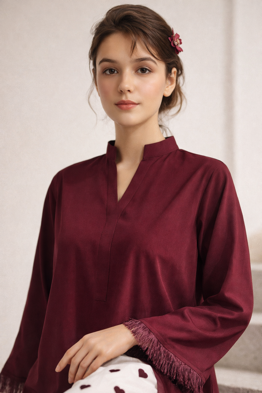 Marron Shirt with Embroidered Heart Bottom 2Pcs Suit M 012 C