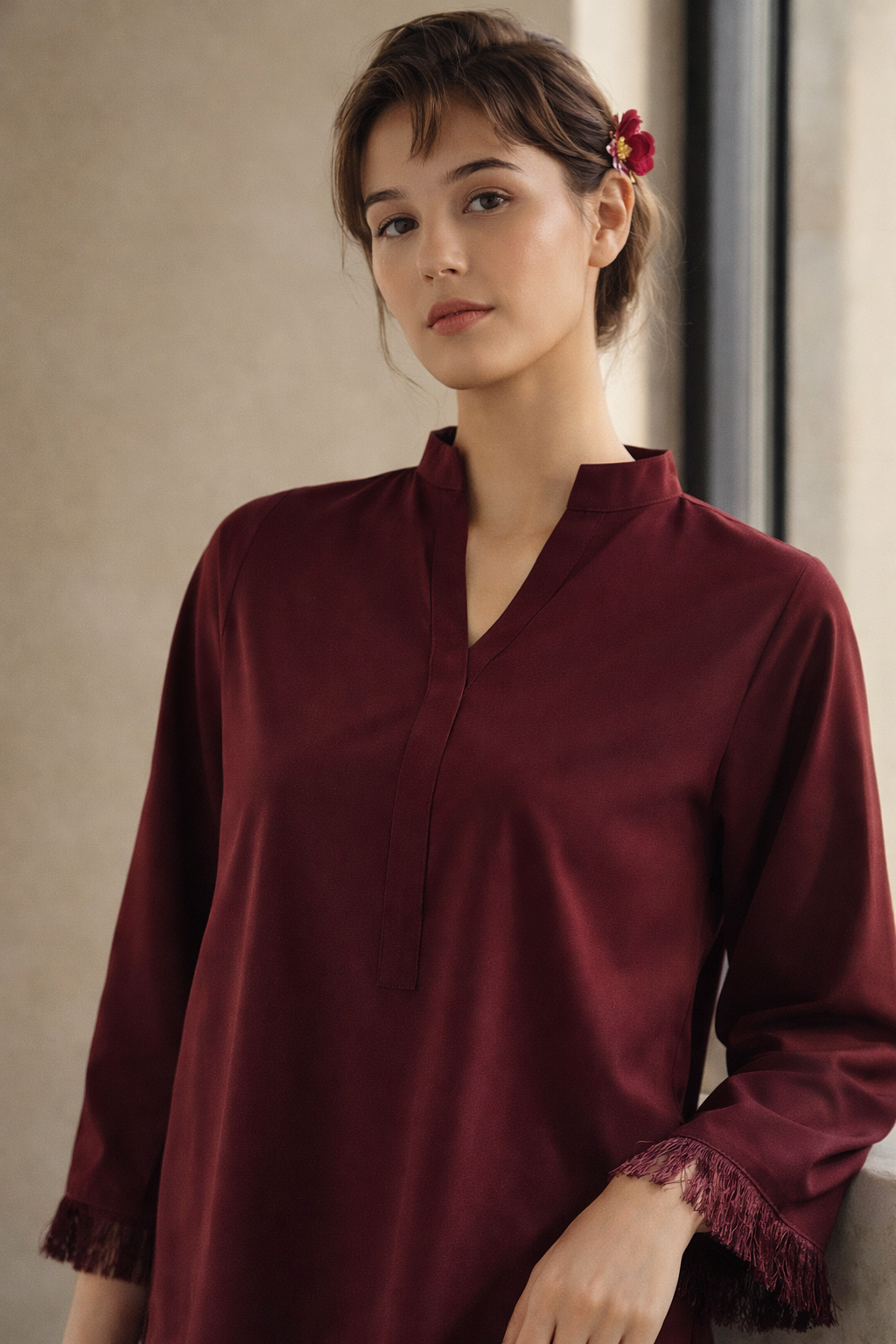 Marron Shirt with Embroidered Heart Bottom 2Pcs Suit M 012 C