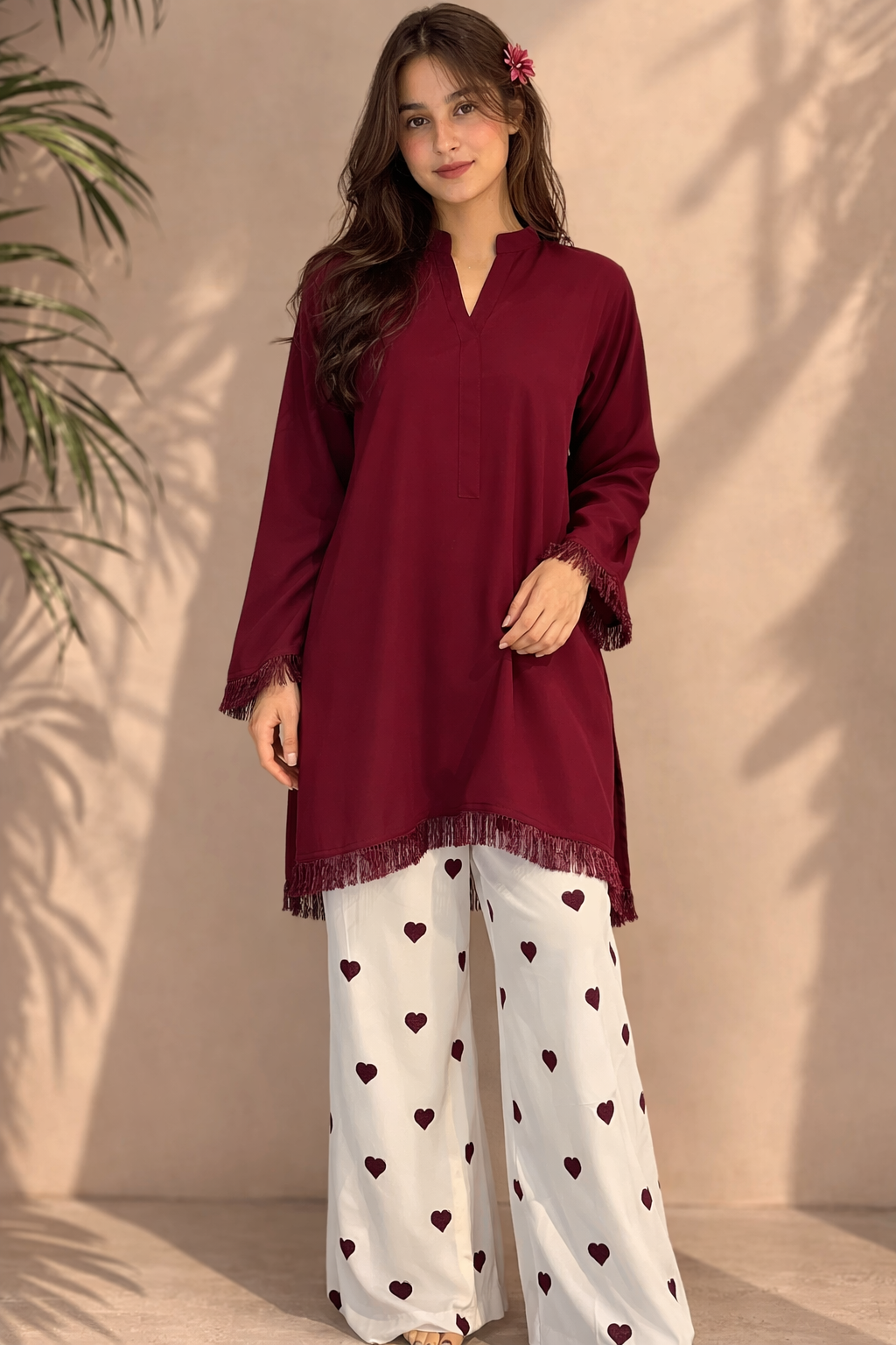 Marron Shirt with Embroidered Heart Bottom 2Pcs Suit M 012 C