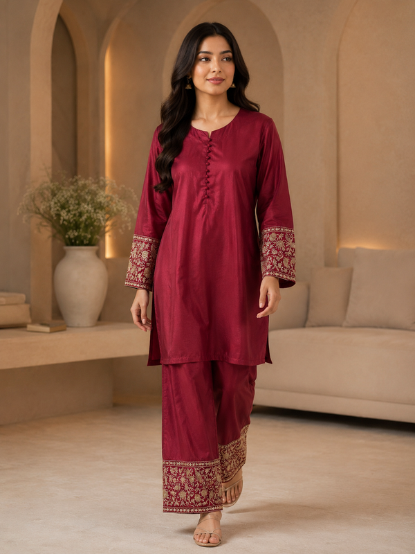 Royal Maroon By Qalamkar 2pcs cord set M02 B