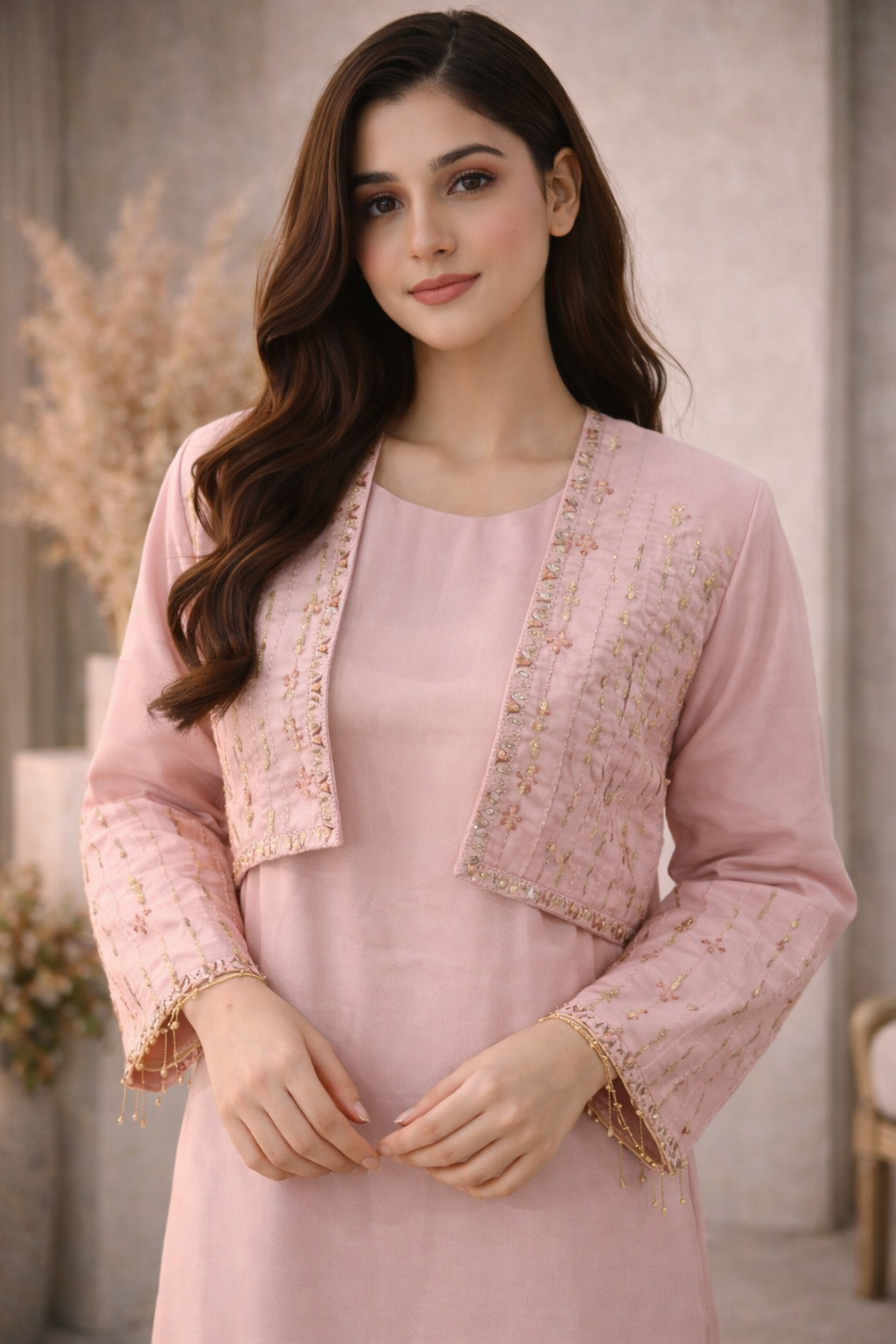 Elegant Blush Pink Embroidered Koti Maxi - All Season Wear M012 A