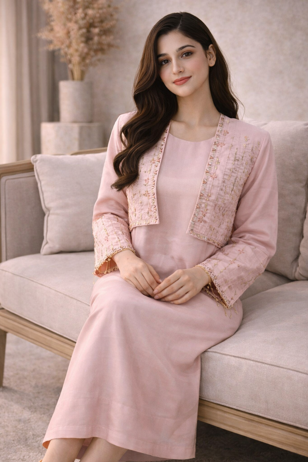 Elegant Blush Pink Embroidered Koti Maxi - All Season Wear M012 A