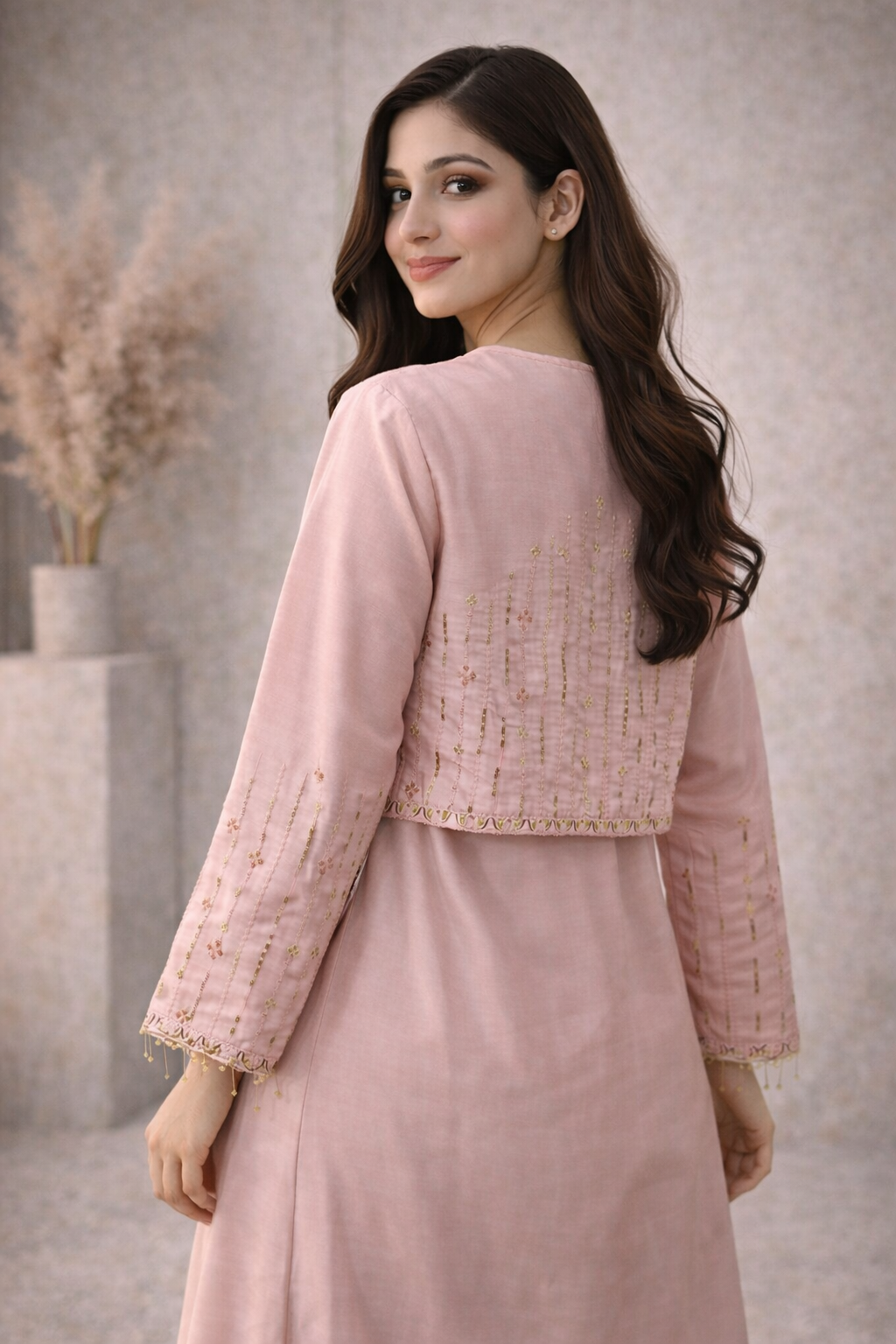 Elegant Blush Pink Embroidered Koti Maxi - All Season Wear M012 A