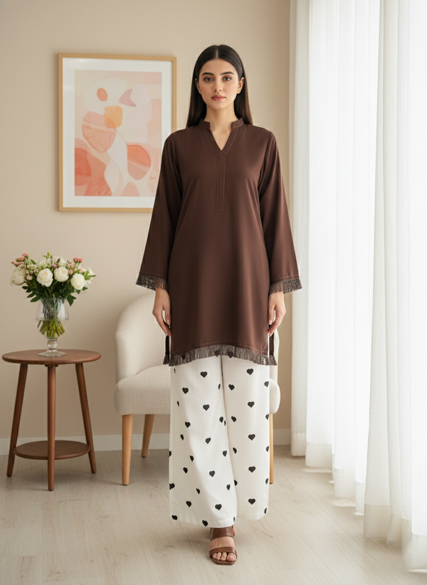 Brown Dyed Fabric Shirt Heart Bottom 2Piece Suit M 01 C