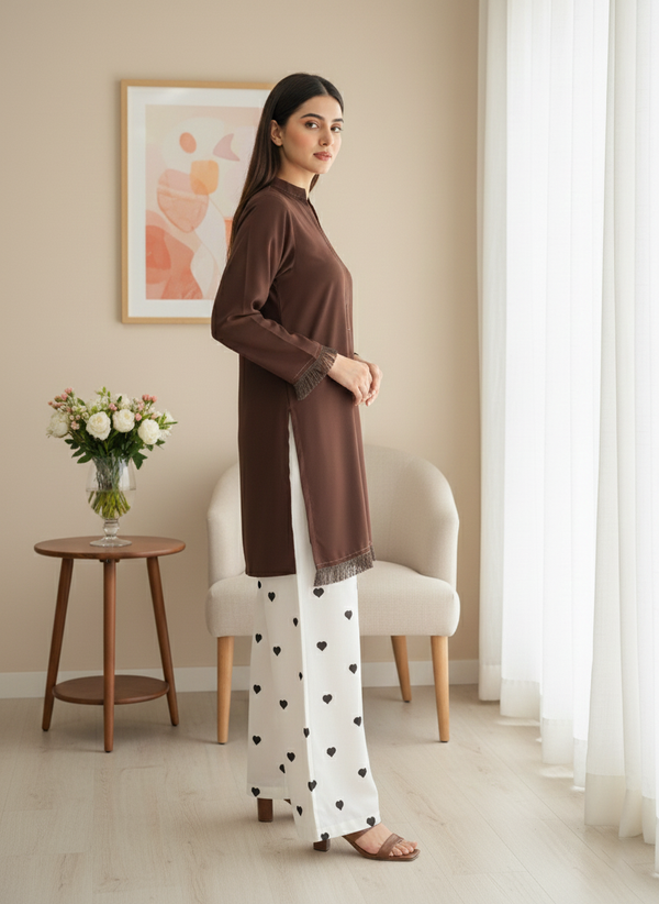 Brown Dyed Fabric Shirt Heart Bottom 2Piece Suit M 01 C