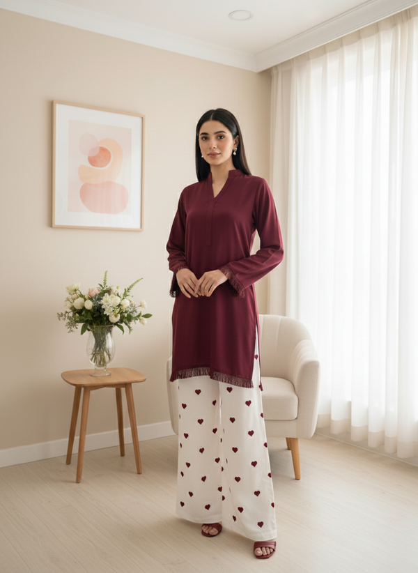 Maroon Dyed Fabric Shirt Heart Bottom 2Piece Suit M 01 D