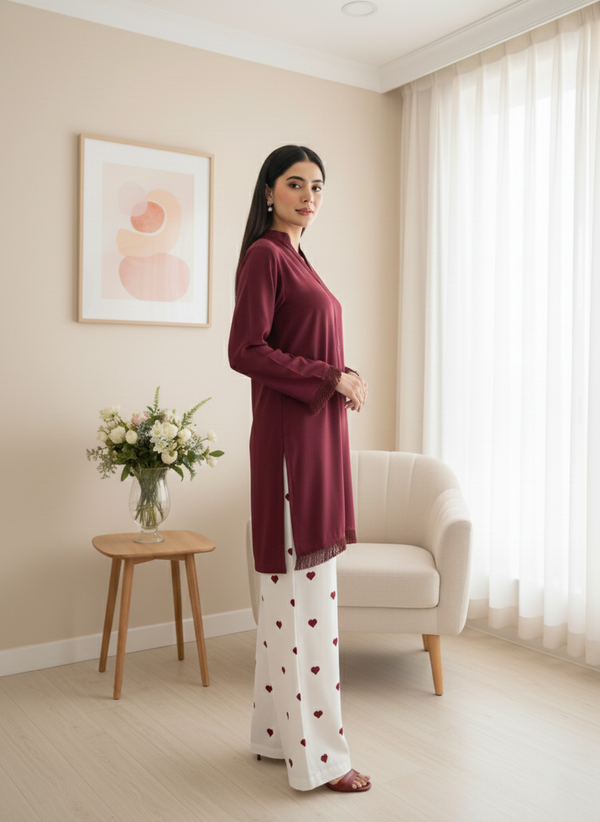 Maroon Dyed Fabric Shirt Heart Bottom 2Piece Suit M 01 D