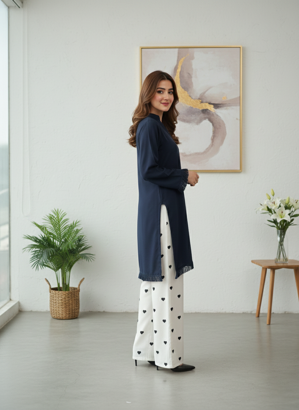 Navy Blue Dyed Fabric Shirt Heart Bottom 2 Piece Suit M 01 A