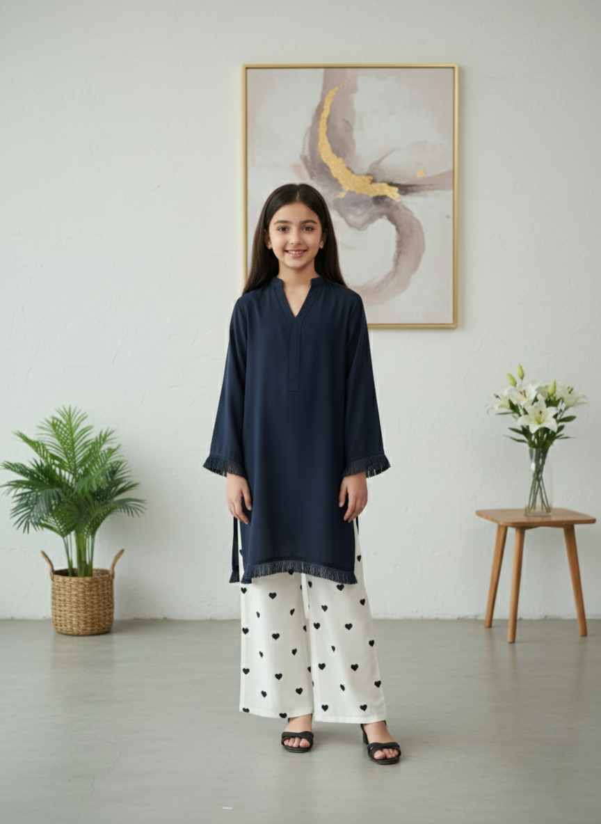 Kids Blue Dyed Fabric Shirt with Embroidered Heart Bottom 2Piece Suit M 01 A