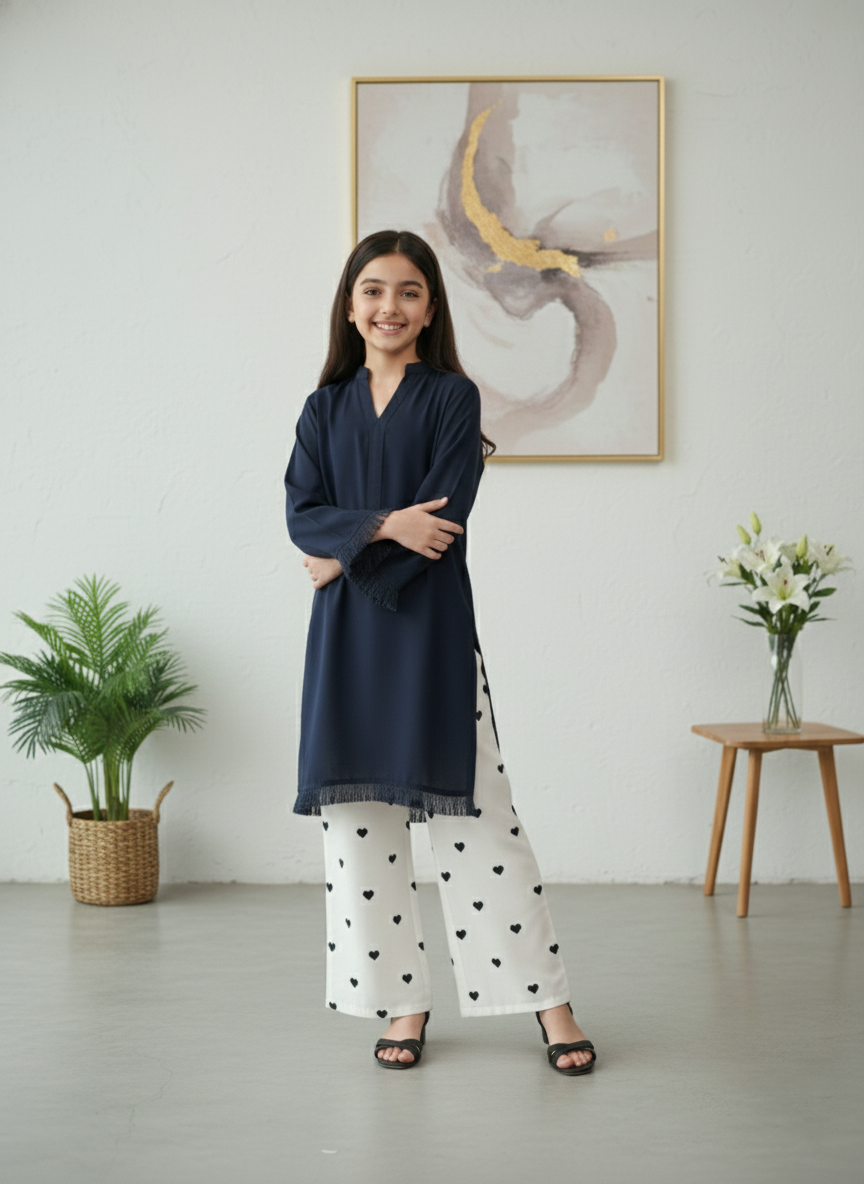 Kids Blue Dyed Fabric Shirt with Embroidered Heart Bottom 2Piece Suit M 01 A