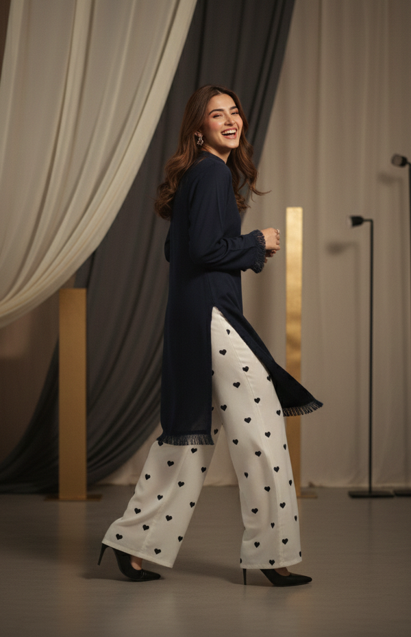 Navy Blue Dyed Fabric Shirt Heart Bottom 2 Piece Suit M 01 A