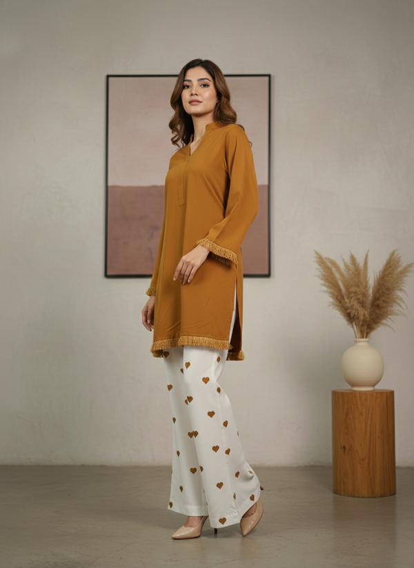 Mustard Dyed Fabric Shirt with Heart Bottom 2 Piece Suit M 01 B