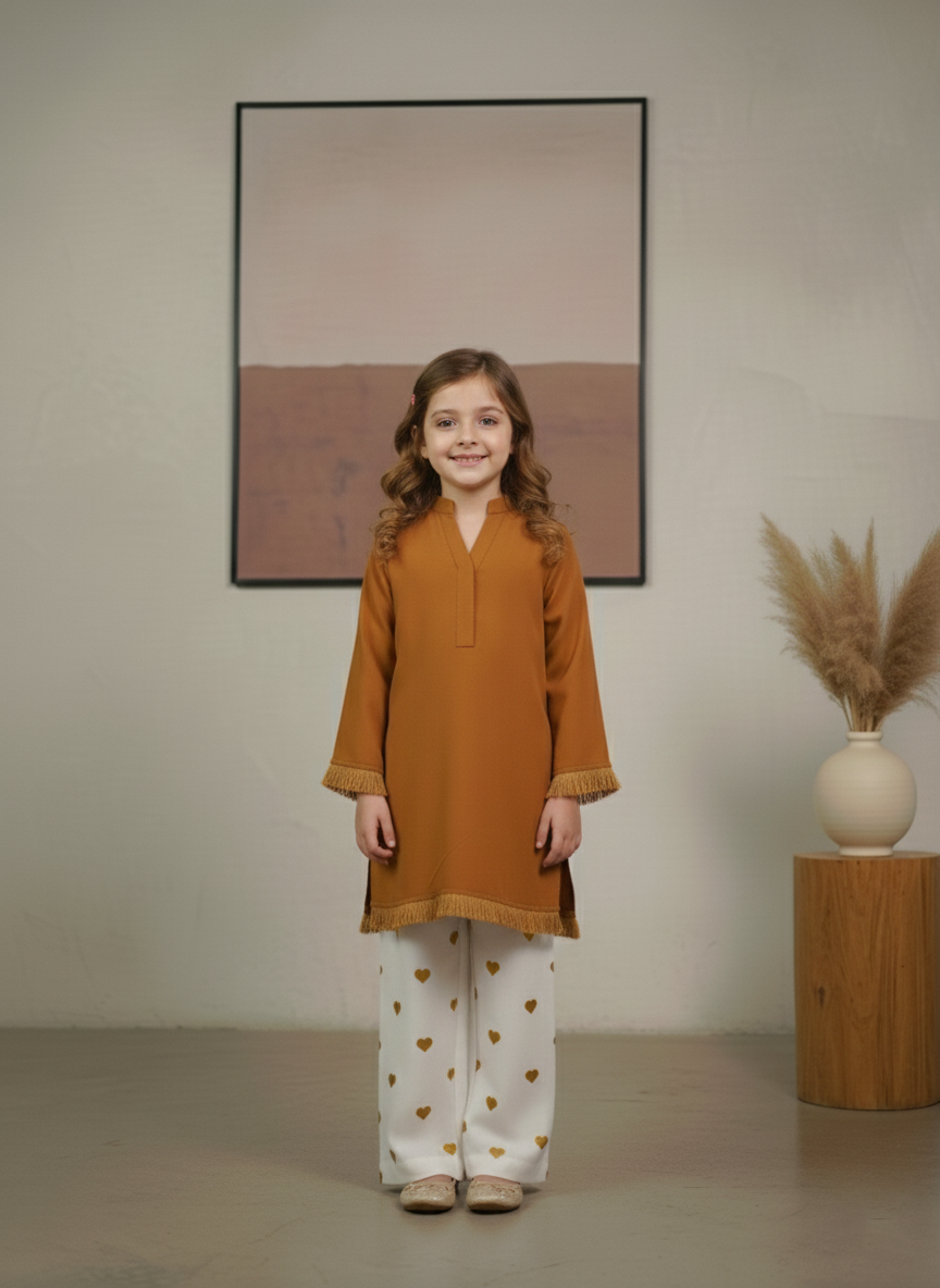 Kids Mustard Dyed Fabric Shirt with Embroidered Heart Bottom 2Piece Suit M 01 B