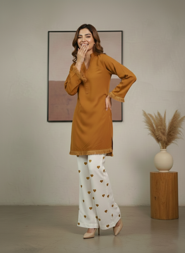 Mustard Dyed Fabric Shirt with Heart Bottom 2 Piece Suit M 01 B