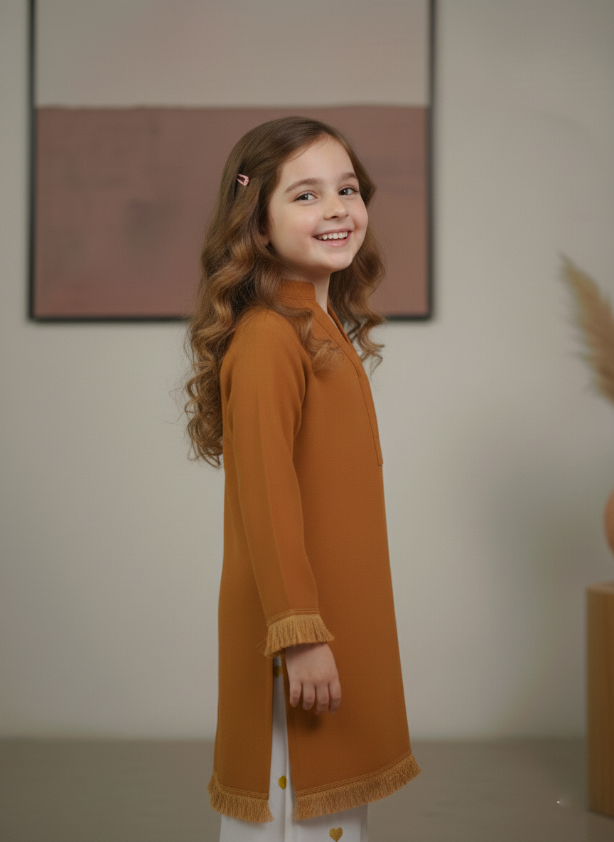 Kids Mustard Dyed Fabric Shirt with Embroidered Heart Bottom 2Piece Suit M 01 B
