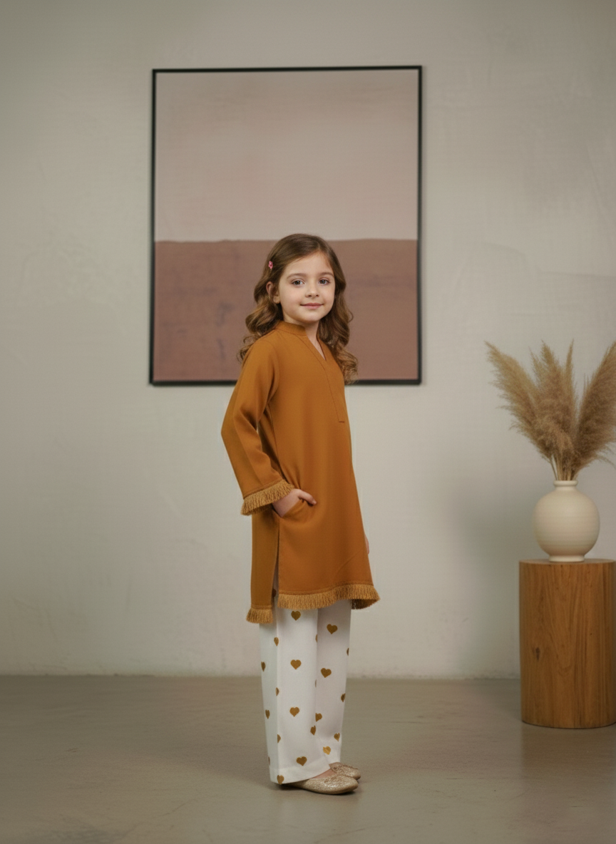 Kids Mustard Dyed Fabric Shirt with Embroidered Heart Bottom 2Piece Suit M 01 B