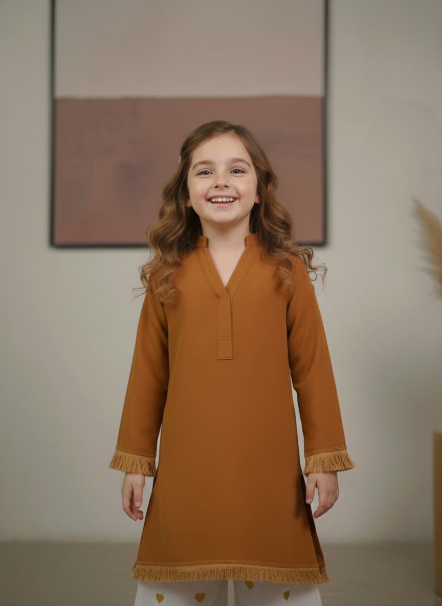 Kids Mustard Dyed Fabric Shirt with Embroidered Heart Bottom 2Piece Suit M 01 B