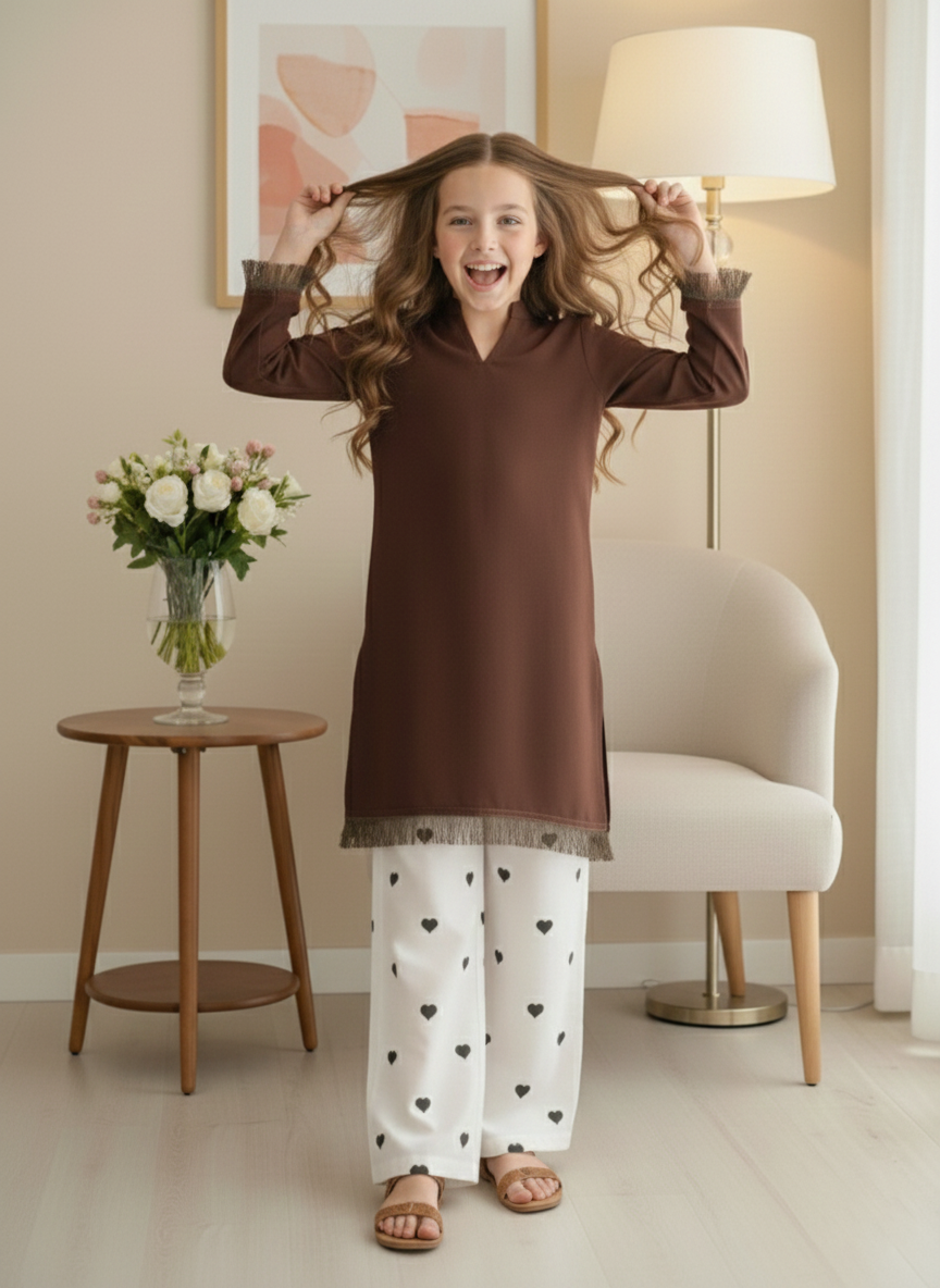 Kids Brown Dyed Fabric Shirt with Embroidered Heart Bottom 2Piece Suit M 01 C