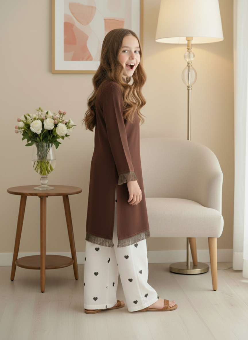 Kids Brown Dyed Fabric Shirt with Embroidered Heart Bottom 2Piece Suit M 01 C