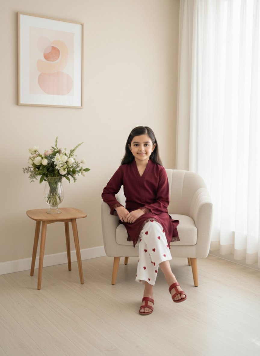 Kids Maroon Dyed Fabric Shirt with Embroidered Heart Bottom 2Piece Suit M 01 D
