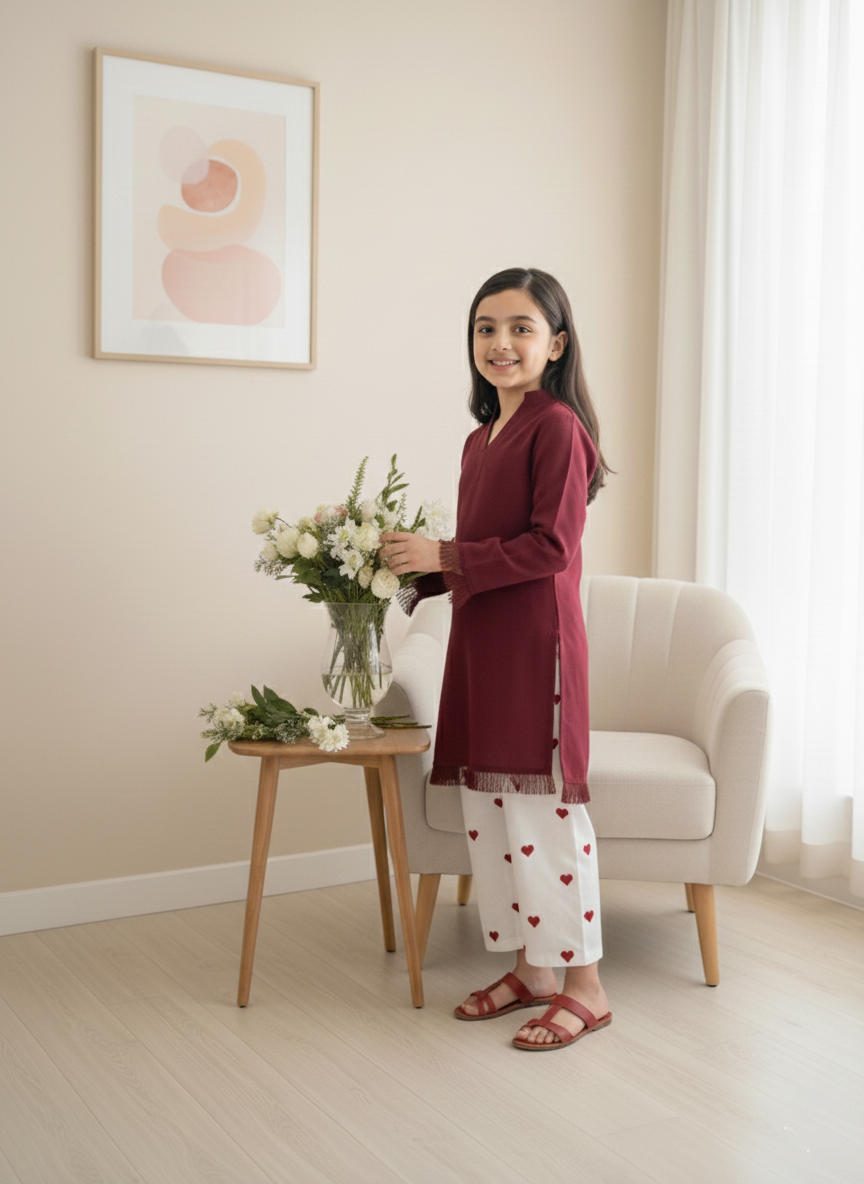 Kids Maroon Dyed Fabric Shirt with Embroidered Heart Bottom 2Piece Suit M 01 D