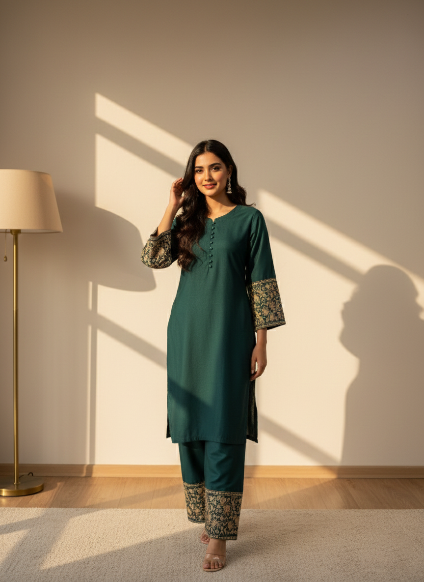 Teal Green Embroidered Co-Ord Set for Women | 2 Piece Stitched M 02 A