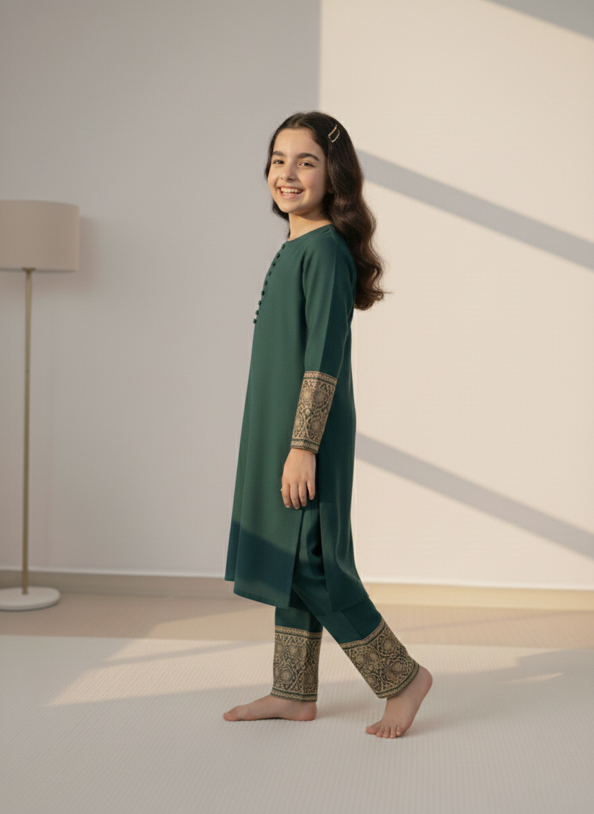 Kids Teal Green with Embroidered Co-Ord Set | 2 Piece Stitched M 02 A