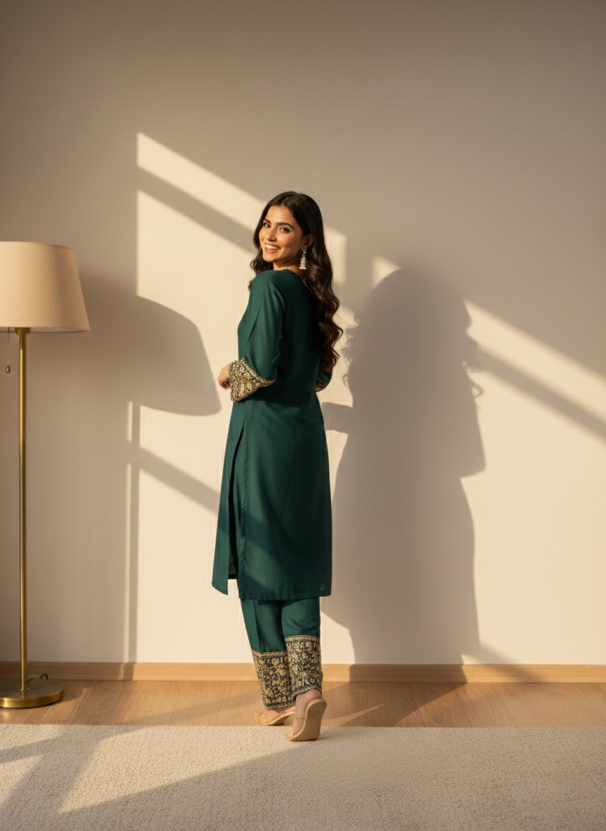 Teal Green Embroidered Co-Ord Set for Women | 2 Piece Stitched M 02 A