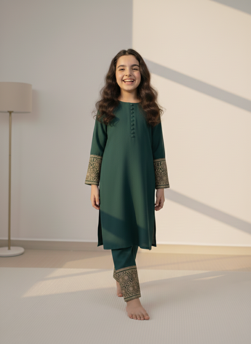 Kids Teal Green with Embroidered Co-Ord Set | 2 Piece Stitched M 02 A