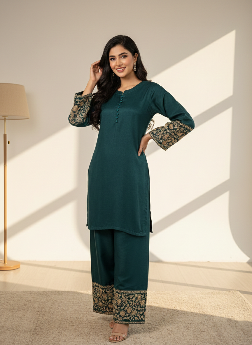 Teal Green Embroidered Co-Ord Set for Women | 2 Piece Stitched M 02 A