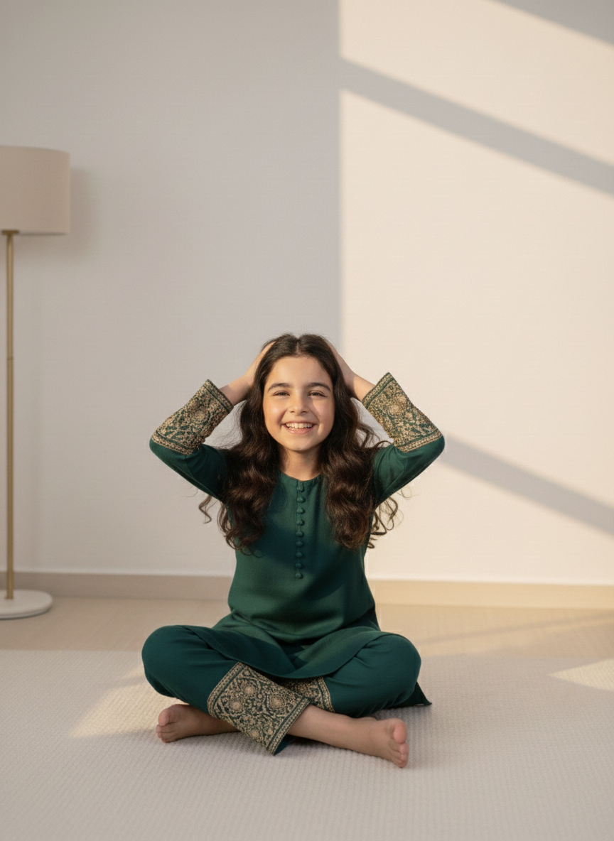 Kids Teal Green with Embroidered Co-Ord Set | 2 Piece Stitched M 02 A