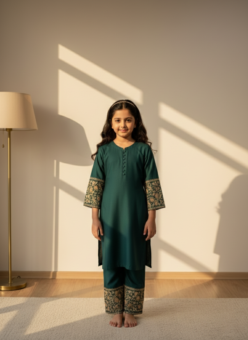 Kids Teal Green with Embroidered Co-Ord Set | 2 Piece Stitched M 02 A