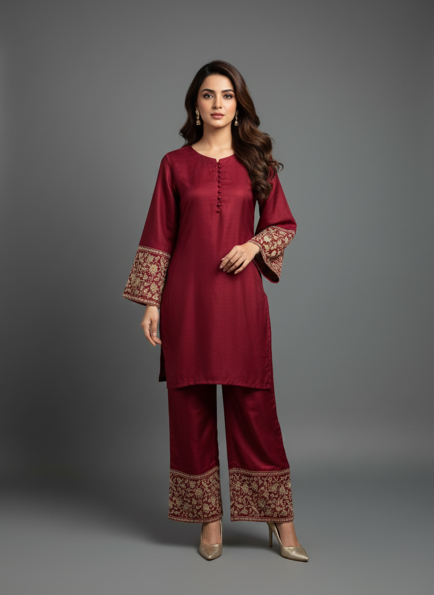 Maroom Embroidered Co-Ord Set for Women | 2 Piece Stitched M 02 B