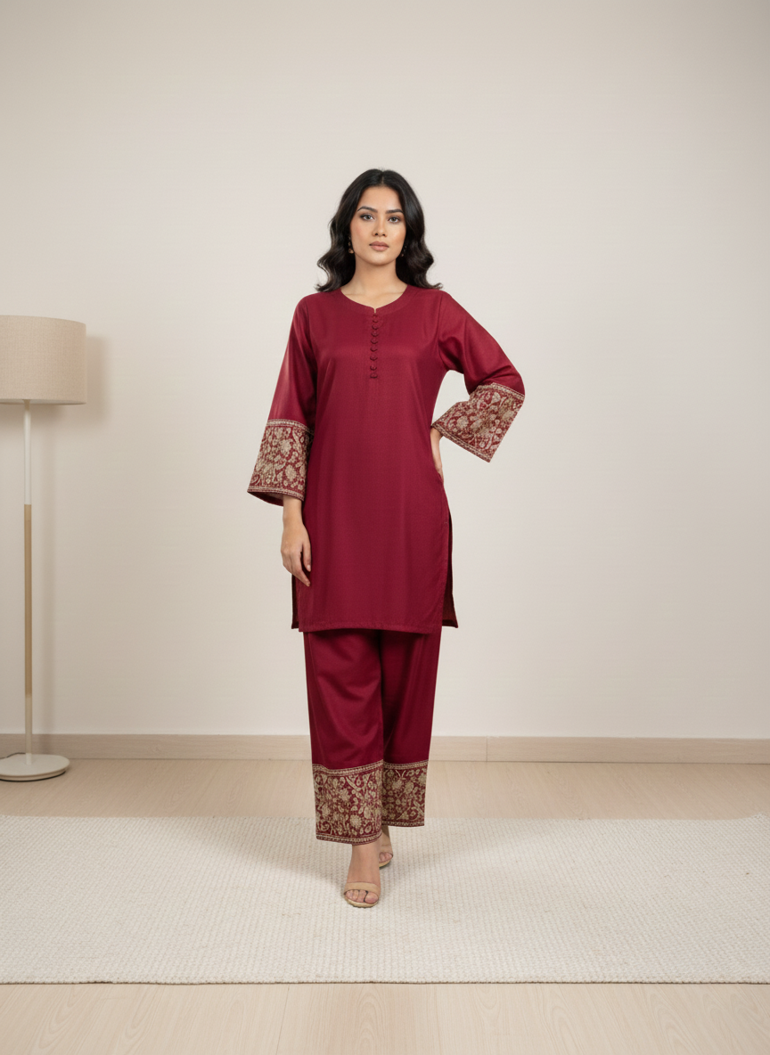 Maroom Embroidered Co-Ord Set for Women | 2 Piece Stitched M 02 B