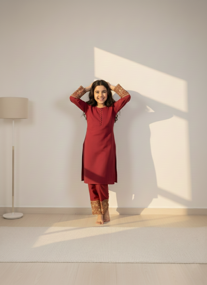 Kids Maroon with Embroidered Co-Ord Set | 2 Piece Stitched M 02 B