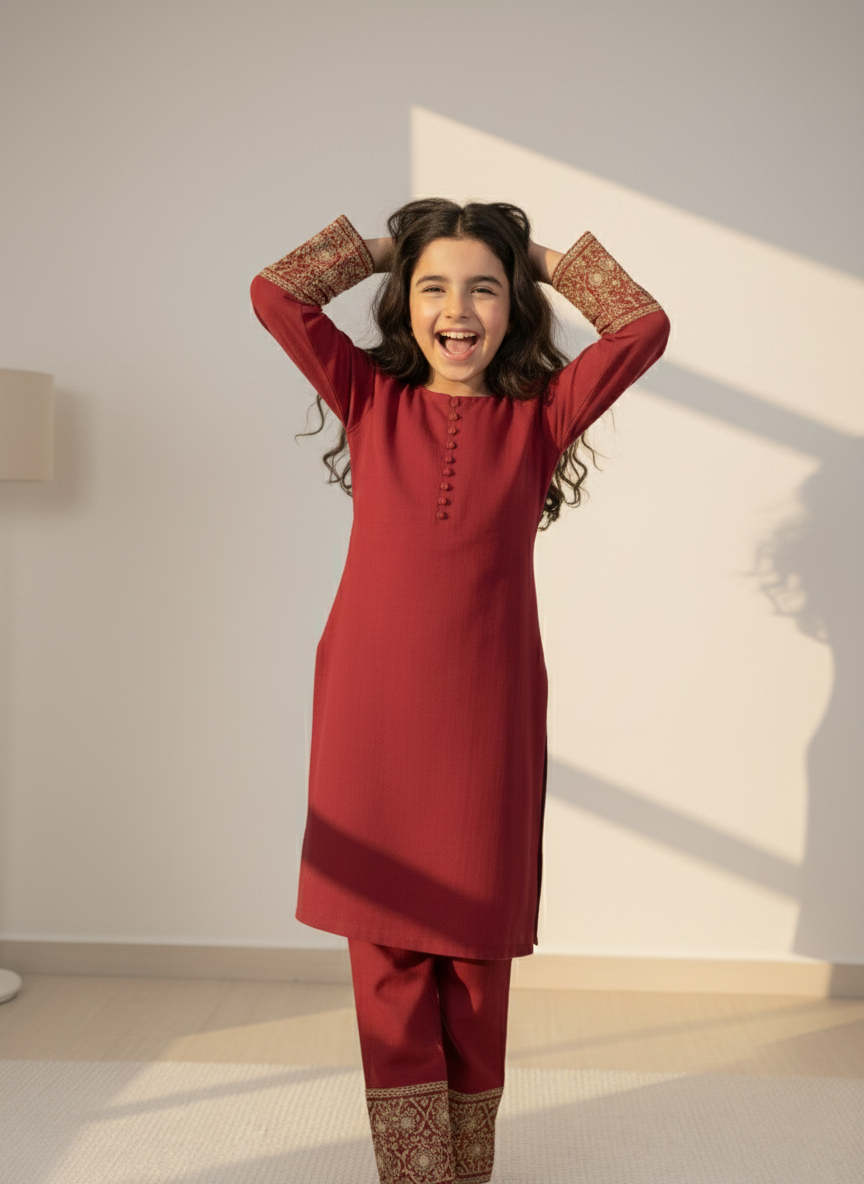 Kids Maroon with Embroidered Co-Ord Set | 2 Piece Stitched M 02 B