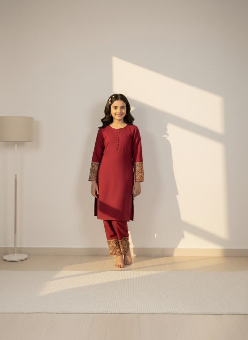 Kids Maroon with Embroidered Co-Ord Set | 2 Piece Stitched M 02 B