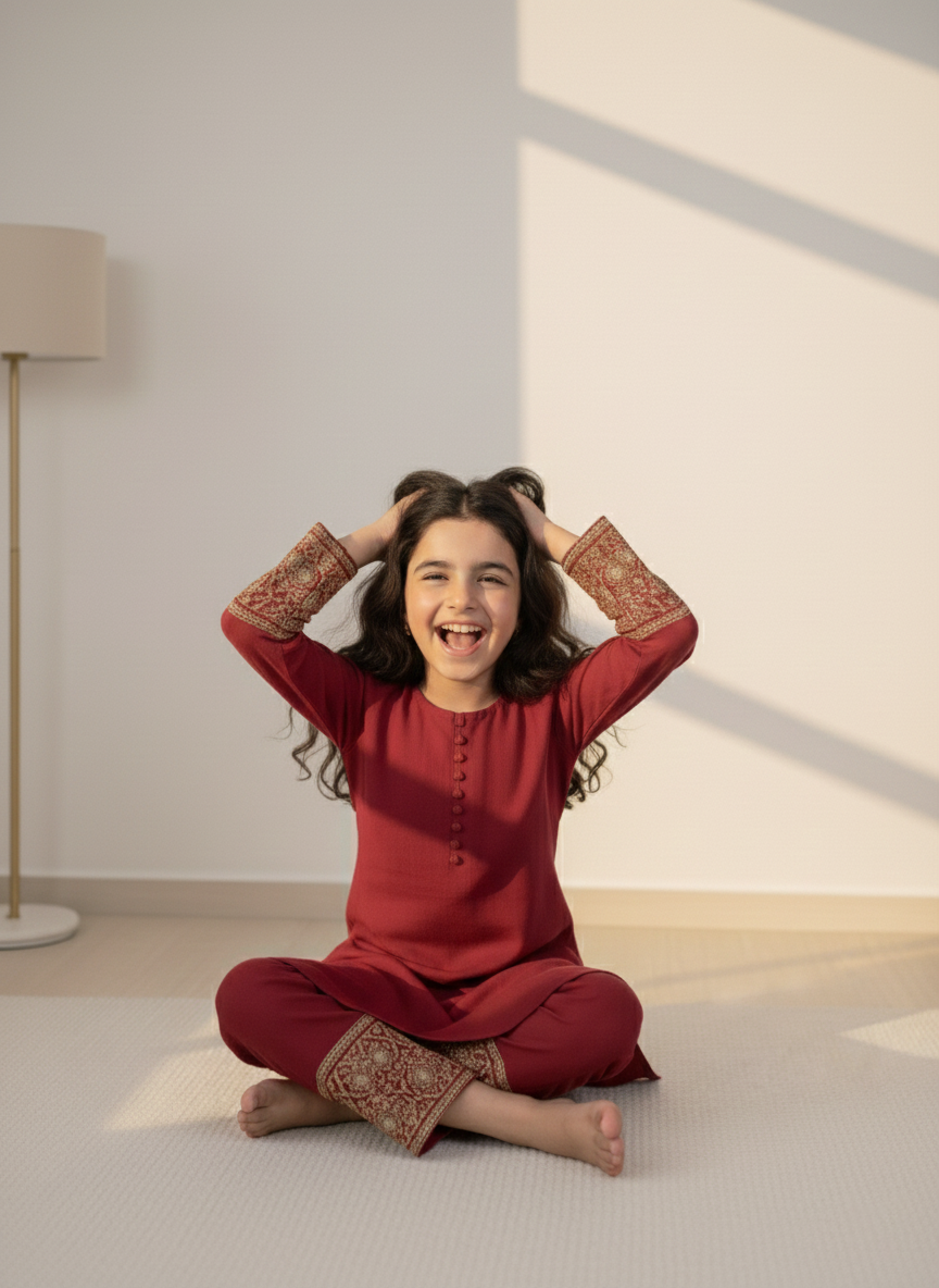 Kids Maroon with Embroidered Co-Ord Set | 2 Piece Stitched M 02 B