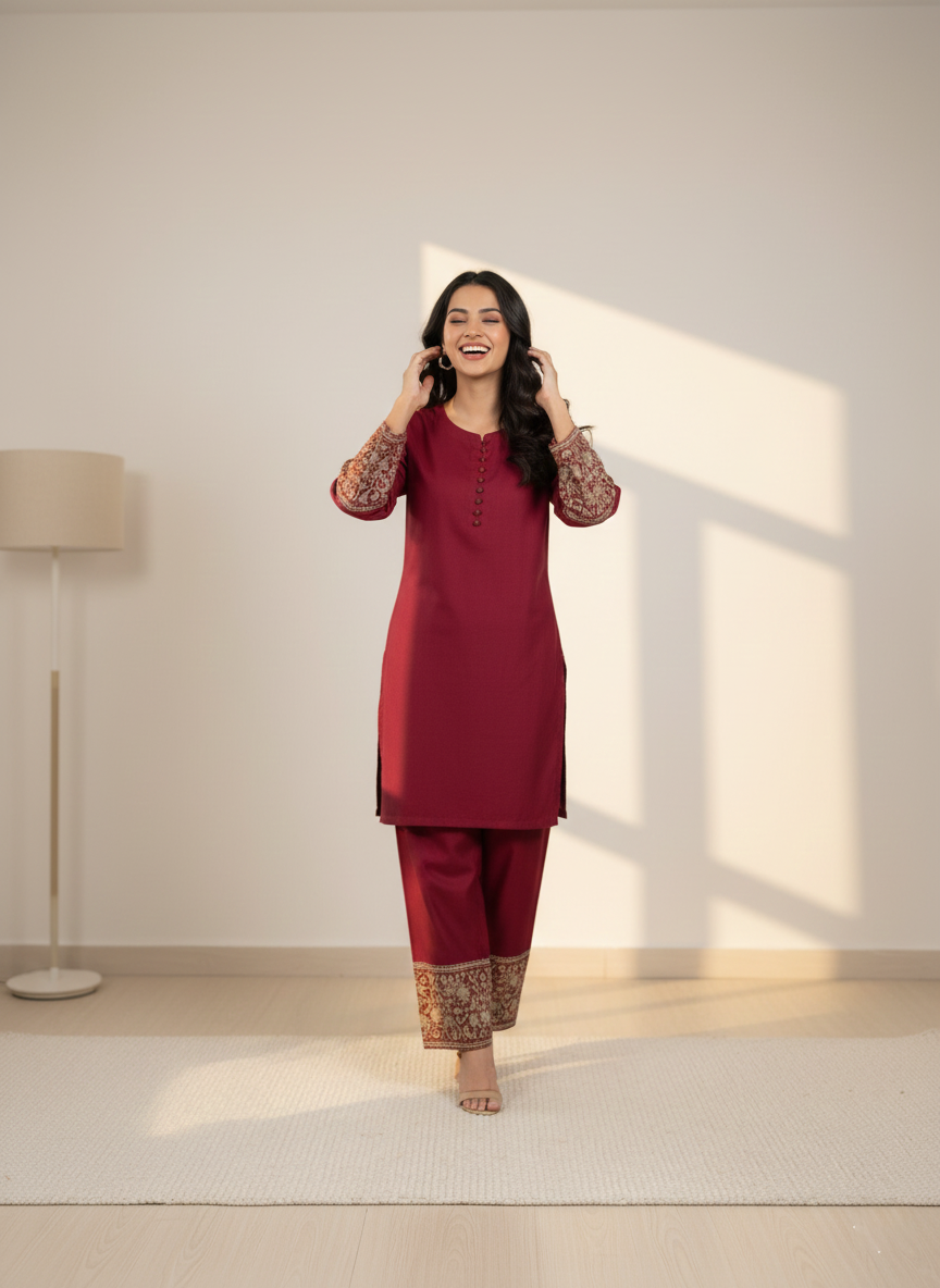 Maroom Embroidered Co-Ord Set for Women | 2 Piece Stitched M 02 B