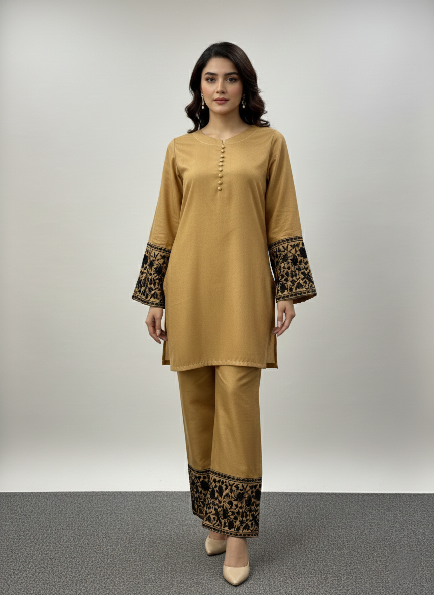 Light Mustard Embroidered Co-Ord Set for Women | 2 Piece Stitched M 02 C