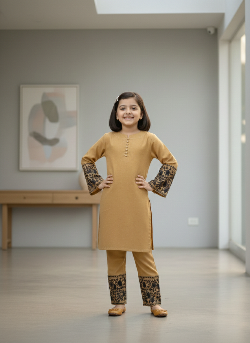 Kids Light Mustard with Embroidered Co-Ord Set | 2 Piece Stitched M 02 C